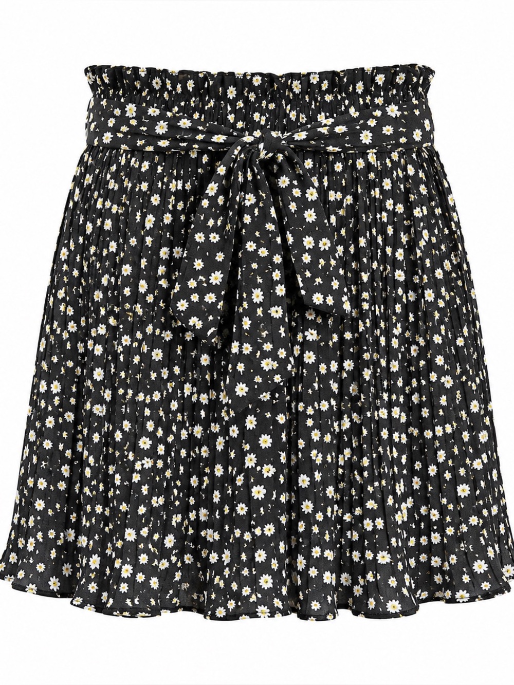 Alice Blue | Black Daisy Print Pleated Mini Skirt w Tie Waist | Women’s Size: S